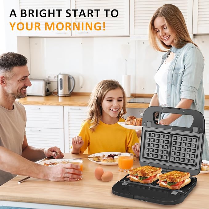 Sunvivi Sandwich Maker Panini Press: Waffle Maker with Removable Plates, 3 in 1 Sandwich Maker Press with Non-Stick Plates, Indicator Lights & Cool Touch Handle, 750W, Black