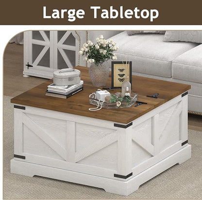 Farmhouse Coffee Table with Hidden Storage Compartment, White Square Coffee Table for Living Room, Wood Center Table with Hinged Lifting Tabletop for Home