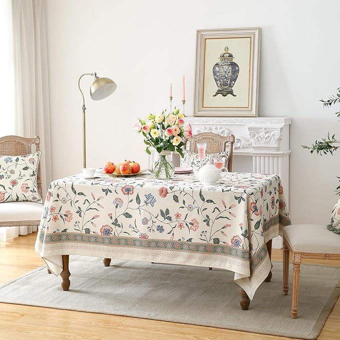 Designer Chinoiserie Linen Floral Small Square Tablecloth,White Wrinkle Resistant Table Cloth,Elegant Decor Tablecloths for Dining Thanksgiving Kitchen Party Christmas,55"*55"-Daffy