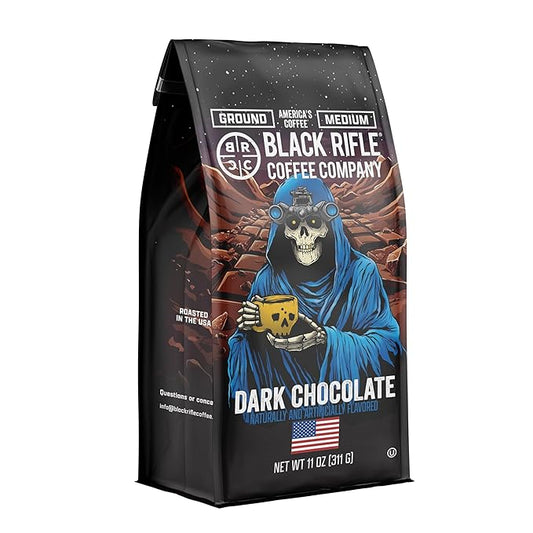 Black Rifle Coffee Company Dark Chocolate Roast 11oz Gound Coffee with Smooth, Indulgent Dark Chocolate Notes for a Decadent Brew.