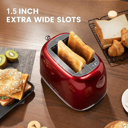 Roter Mond 2 Slice Toaster Retro Stainless Steel with Bagel, Cancel, and Defrost Functions, 6 Bread Shade Settings, Extra Wide Slots and Removable Crumb Tray, Red