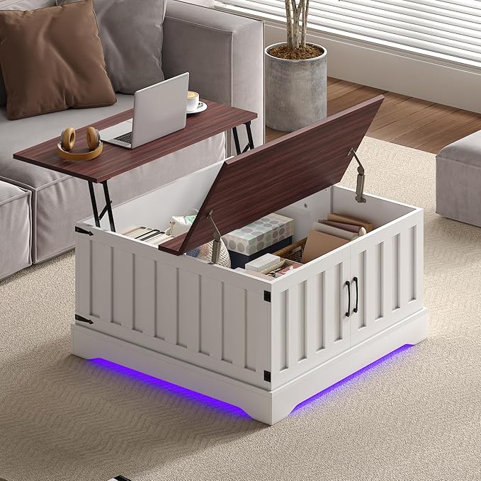 31.5" Lift Top Coffee Table with Storage, Led Square White Coffee Table with Large Hidden Storage, Wood Living Room Table Center Table for Living Room Dining Reception Room