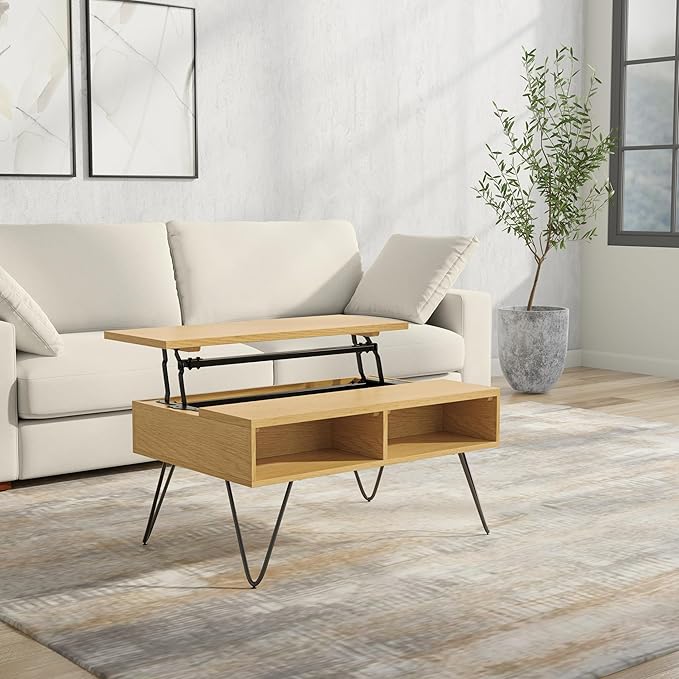 SIMPLIHOME Hunter Small Lift Top Coffee Table - 36 inch Wide Solid Oak Veneer and Metal Industrial Cocktail Table in Oak, Living Room Table with Hidden Storage, 2 Cubbies, and Hairpin Legs