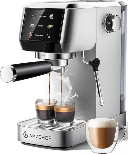 AMZCHEF Espresso Machine 20 Bar Professional Coffee Maker with Milk Frother, Adjustable Temperature & Pressure, Stainless Steel Espresso Maker for Cappuccino, Latte, Mocha, 44oz Removable Water Tank