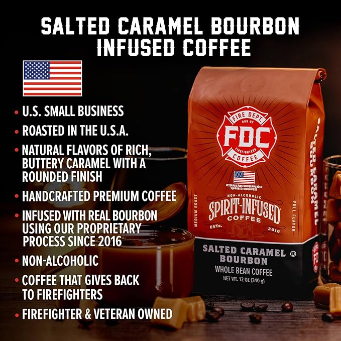 Fire Department Coffee - Salted Caramel Bourbon Coffee - Gives Back to Firefighters - Premium Bourbon Infused - Ground Medium Roast - Non-Alcoholic - Roasted in the USA - Veteran Owned - 12 oz