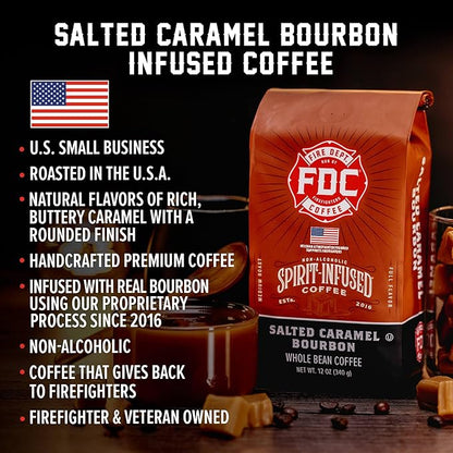Fire Department Coffee - Salted Caramel Bourbon Coffee - Gives Back to Firefighters - Premium Bourbon Infused - Ground Medium Roast - Non-Alcoholic - Roasted in the USA - Veteran Owned - 12 oz