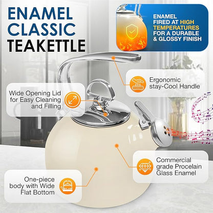 Chantal Classic Teakettle, 1.8 QT, Enamel On Steel, 2-Tone Harmonica Whistle, Rapid Boil and Even Heating (Almond)