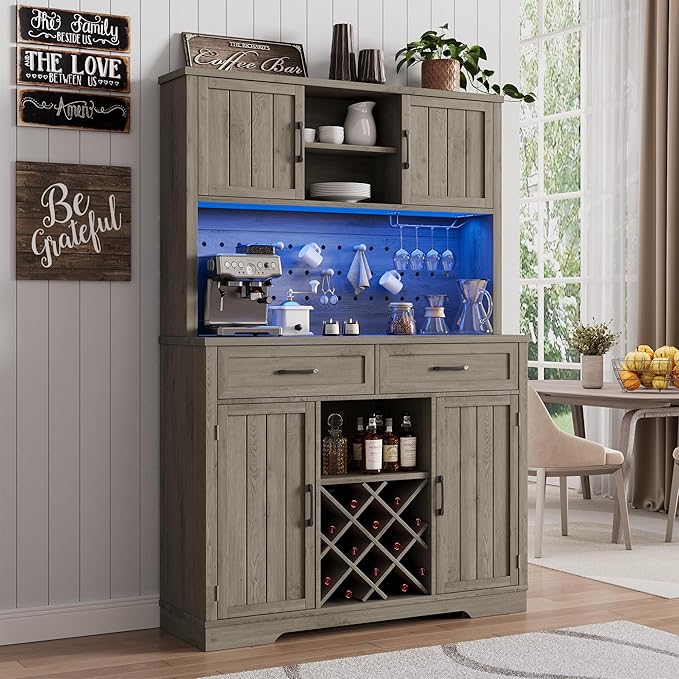 72" Coffee Bar Cabinet with Power Outlet & LED Light, Farmhouse Large Kitchen Hutch with Sliding Barn Door, Tall Bar Cabinets with Storage Drawers & Wine Glass Rack,Pantry China Cabinet for Home,Grey