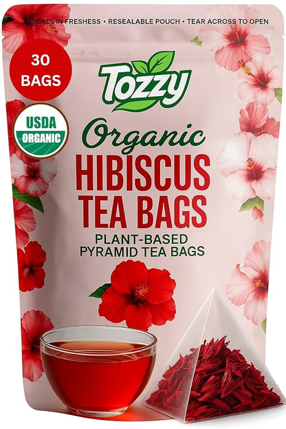 Tozzy Organic Hibiscus Tea - 30 Count | Pyramid Tea Bags (Plant-Based & Eco-conscious) | Pure Ingredients