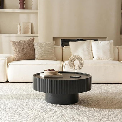 Round Wood Coffee Table - Wooden, Ribbed-Design, 30.3" Dia, 14.9" H Living Room Table, Center Table Simple Modern Style for Home Living Room Furniture (Black, 30.3''L×14.9''H)