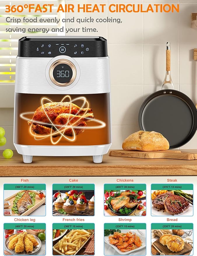 Air Fryer, ALLCOOL Airfryer Oven 8QT Large Air Fryer 1700W 8-in-1 with Touch Screen Air Fryers Dishwasher Safe Nonstick Tray Freidora de Aire 32 Recipes BPA & PFOA Free White Air Fryer