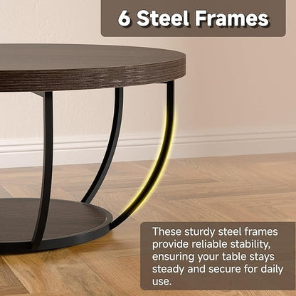 Round Coffee Table, 31" Coffee Table for Living Room Decor, 2-Tier Storage with Steel Frame, Space-Saving Wood Center Table, Modern Style Easy Assembly (Dark Coffee)