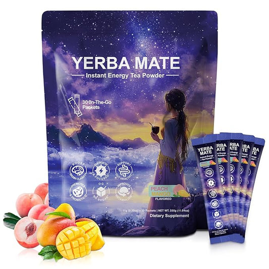 Mosslly Yerba Mate Instant Tea Powder, Concentration, Gut Health, Metabolism, Loaded with Prebiotics & Probiotics, Natural Caffeine, No Sugar Peach Mango Flavor, 30 Servings