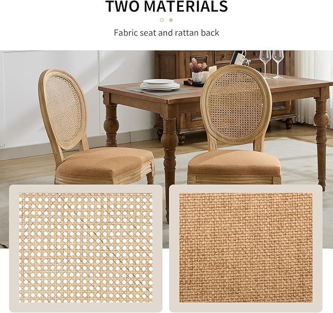 Vintage French Country Dining Chairs Set of 4, Rattan Dining Chairs with Solid Wood Legs, Ten 4 Dining Chair Set, Sillas para Comedor, Kitchen & Dining Room Chair (Amber, Rattan, 4Pcs)