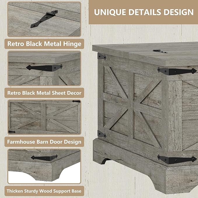 Furnideco Farmhouse Lift Top Coffee Table, Square Wood Center Table with Large Hidden Storage Compartment for Living Room, Rustic Modern Table with Hinged Lift Top, Oak Grey