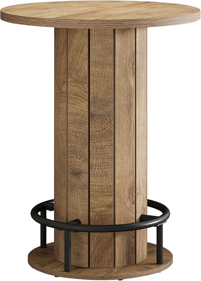 Tribesigns Round Bar Table, 39.4" H Wood Bistro Pub Table with Metal Ring Footrest for Dining Coffee Cocktail Living Room, Small Space, Light Brown(Only Table)