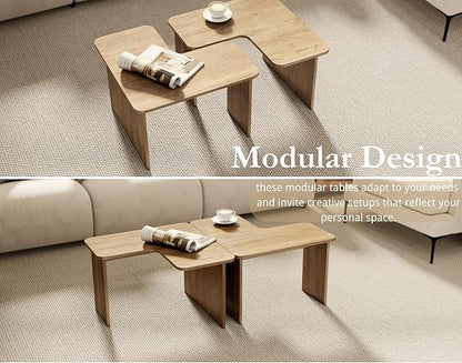 VESCASA Modern L Shaped Nesting Coffee Table Set of 2 Modular Rectangle Walnut Wood Table for Living Room