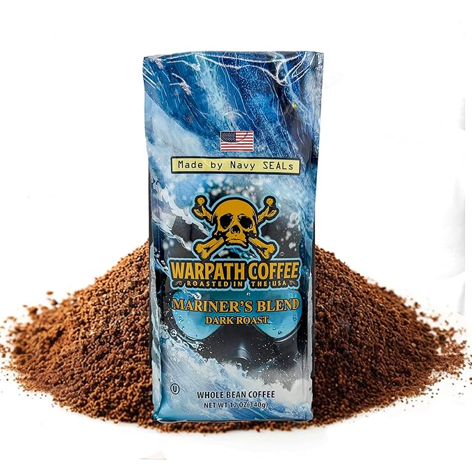 Warpath Coffee Ground Coffee Dark Roast, Mariner's Blend, High Caffeine, Extra Strong Roasted 100% Arabica Coffee Ground Beans, Rich Aroma, Full-Bodied Intense Cup, Created by Navy SEALs, 12oz