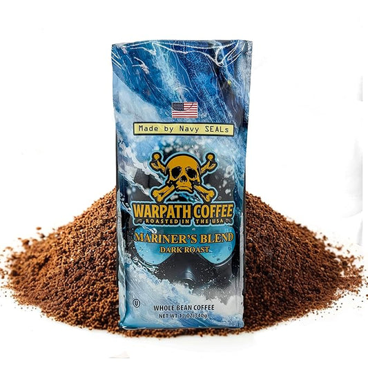 Warpath Coffee Ground Coffee Dark Roast, Mariner's Blend, High Caffeine, Extra Strong Roasted 100% Arabica Coffee Ground Beans, Rich Aroma, Full-Bodied Intense Cup, Created by Navy SEALs, 12oz