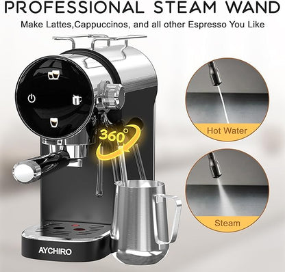 20 Bar Espresso Machine, Compact Espresso Maker with Milk Frother, Touchscreen Latte Maker with Detachable Drip Tray/Water Tank, Built-in Handle for Home and Office Use