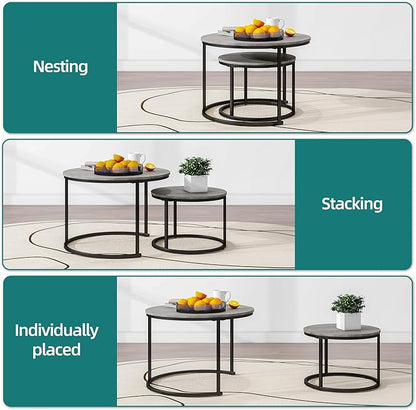Nesting Round Coffee Table Set of 2 End Tables for Living Room,Grey Coffee Table Wooden Accent Furniture with Metal Frame,Stacking Side Tables,Black+Warm Grey