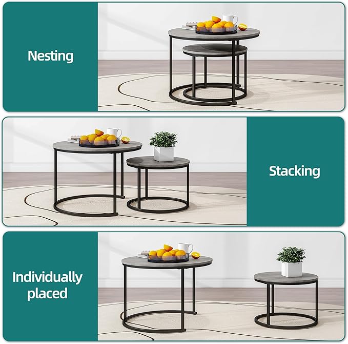 Nesting Round Coffee Table Set of 2 End Tables for Living Room,Grey Coffee Table Wooden Accent Furniture with Metal Frame,Stacking Side Tables,Black+Warm Grey