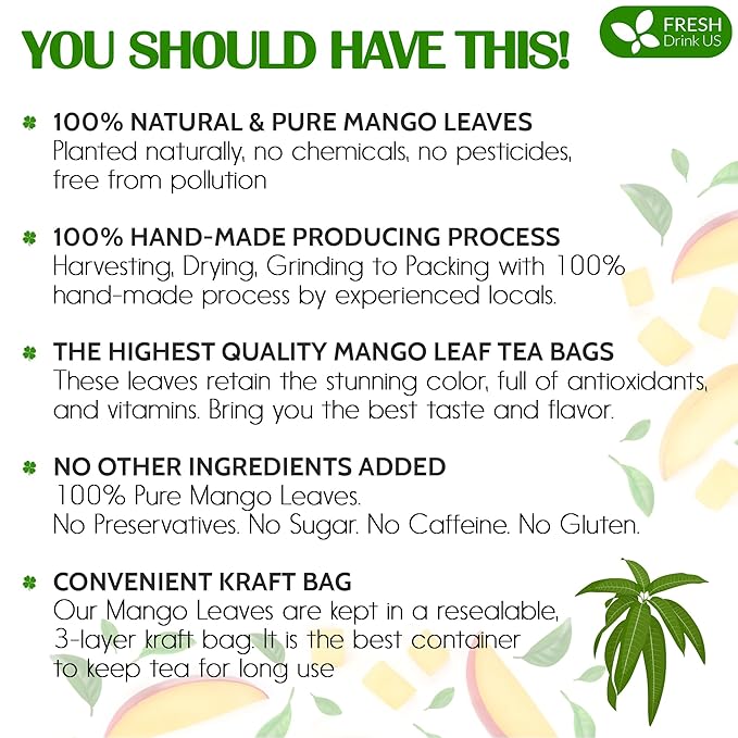 FreshDrinkUS, Premium 140+ Mango Whole Leaves Dried, 100% Natural & Pure from Dried Mango Leaves Tea, No Additives, No Caffeine, Vegan