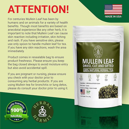 Herbal Hermit Mullein Leaf Tea (3 oz/85 grams) Herb for Respiratory Support, Mucous Membranes, Lung Cleanse Dried Leaves Blend, Cut and Sifted Made in USA