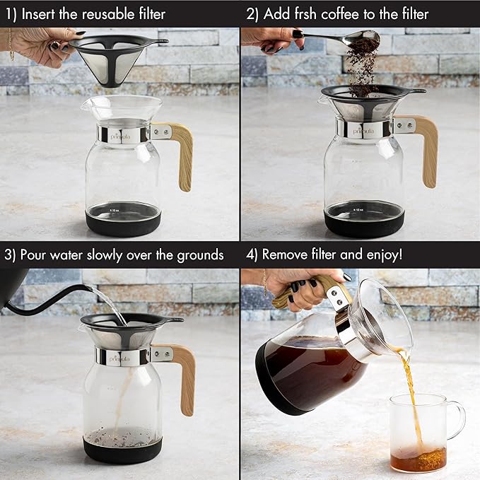 Primula Park Pour Over Park Set with Permanent Reusable Removable Ultra Fine Micro Mesh Stainless Steel Filter, Coffee Dripper Pour Over Maker Brewer Pot, Borosilicate Glass, Easy to Use, 36 oz