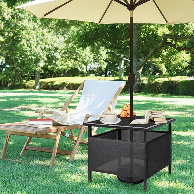 LZRS Adirondack Square Outdoor Side Table with Umbrella Hole, Pool Composite Patio Table,HDPE End Tables for Backyard,Pool, Indoor Companion, Easy Maintenance & Weather Resistant(Black)