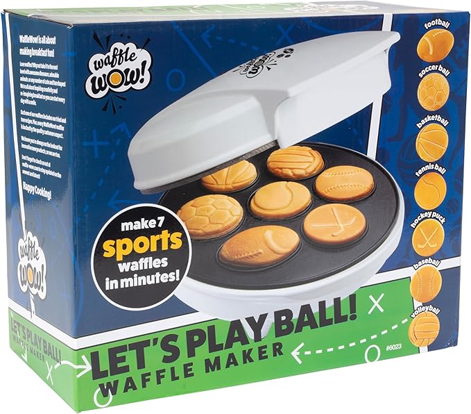 Sports Waffle Maker- Make Breakfast a Slam Dunk- Bakes 7 Themed Pancakes Including Football, Baseball, Basketball, Soccer, Tennis & More- Electric Nonstick Waffler- Unique Gift for Boys, Girls & Kids