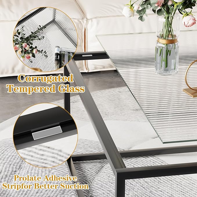 Glass Coffee Table Modern Center Table,Minimalist Coffee Table Sofa Side Tea Table for Living Room,Tempered Glass-top with Sturdy Metal Frame, Easy Assembly,26.4 x 26.4 x 15.7 Inches, Black