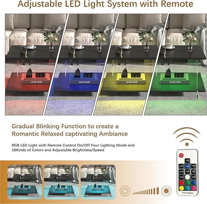 24" Acrylic Coffee Table with Black Wood Tabletop, Minimalist Stylish Modern Square Center Table for Living Room,Led Living Room Table with Storage Shelf & Acrylic Frame for Small Space