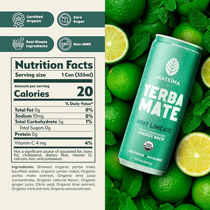 Mateina Yerba Mate Zero Sugar Energy Drink – 120mg Natural Caffeine – Organic, Non-GMO, Non-Carbonated – Dr. Andrew Huberman Recommended – 12 Pack (12oz Cans) (12 Pack, Mint Limeade)