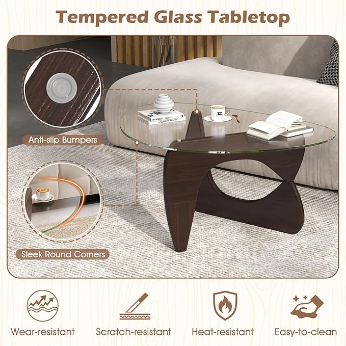 Giantex Triangle Glass Coffee Table, Solid Wood Tea Table with Tempered Glass Top & Adjustable Base, Small Accent Table for Small Spaces, Mid Century Modern Center Table for Living Room (Walnut)