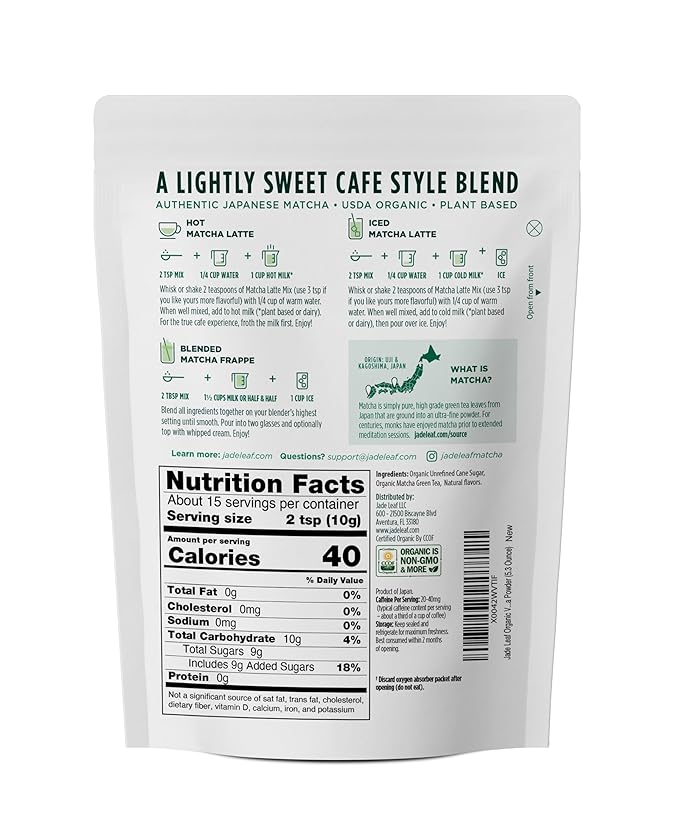 Jade Leaf Matcha Organic Cafe Style Vanilla Matcha Latte Green Tea Powder, Premium Barista Crafted Mix, Authentically Japanese, 15 Servings (5.3 Ounces)
