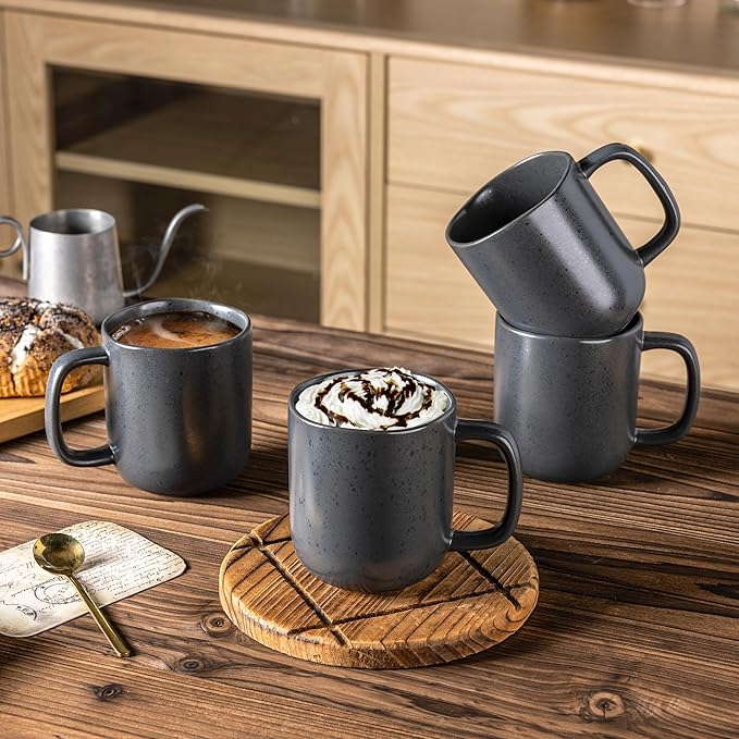 AmorArc 14oz Coffee Mugs Set of 6, Ceramic Coffee Mugs with Large Handle & Wavy Rim for Latte/Hot Cocoa/Tea, Stylish Coffee Cups for Men Women. Oven,Dishwasher&Microwave Safe, Dark Gray