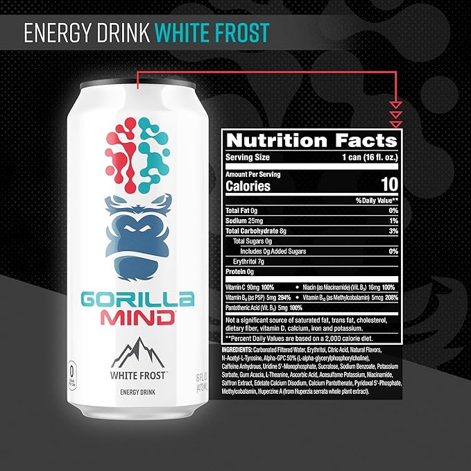 Gorilla Mind Energy Drink | Unmatched Energy · Amplified Focus | N-Acetyl-L-Tyrosine, Alpha-GPC, 200mg Caffeine, Uridine, Saffron | 0 Sugar Or Artificial Colors | 16oz, 12-Pack (White Frost)