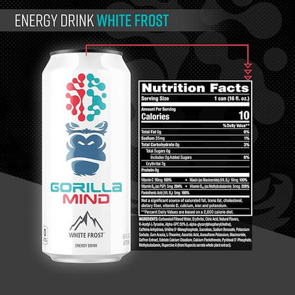 Gorilla Mind Energy Drink | Unmatched Energy · Amplified Focus | N-Acetyl-L-Tyrosine, Alpha-GPC, 200mg Caffeine, Uridine, Saffron | 0 Sugar Or Artificial Colors | 16oz, 12-Pack (White Frost)