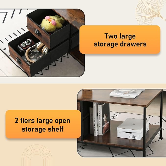 SENIG Coffee Table with Drawers, Coffee Table for Living Room, 2-Tier Coffee Tables with Storage Drawers，Brown Coffee Tables for Small Spaces, Rectangle Wood Ttable, Metal Side End Table