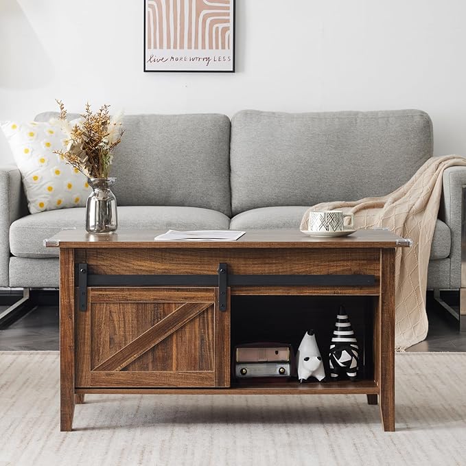 VINGLI Espresso Lift Top Coffee Table, 36" Small Farmhouse Barn Door Coffee Table with Storage, Rectangular Center Wood Coffe Table with Lifting Top, Lift Up Living Room Tables with Hidden Compartment