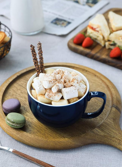 Teocera Porcelain Coffee Mugs, Soup Mugs Bowls with Handle, 24 oz Latte Mugs Set of 4 - Striped Design, Navy