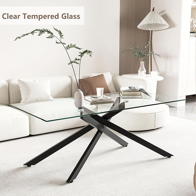 Black Glass Coffee Table Set of 3 Modern End Table Living Room Side Table, Geometric Metal Legs 47.2 Inch Clear Rectangle Center Cocktail Tables, Black