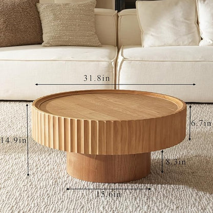 Round Coffee Table, Modern Living Room Tables with Mushroom Shape and Grooved Design, Circle Accent Pinewood Center Table for Living Room, Apartment (Nature Wood, 31.8''L×14.9''H)