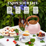 Load image into Gallery viewer, GGC Tea Kettle for Stove Top, Loud Whistling Kettle for Boiling Water Coffee or Milk, 3.1 Quart 3L Heavy Stainless Steel Pink Kettles with Wood Pattern Handle, Unique Button Control Kettle Outle