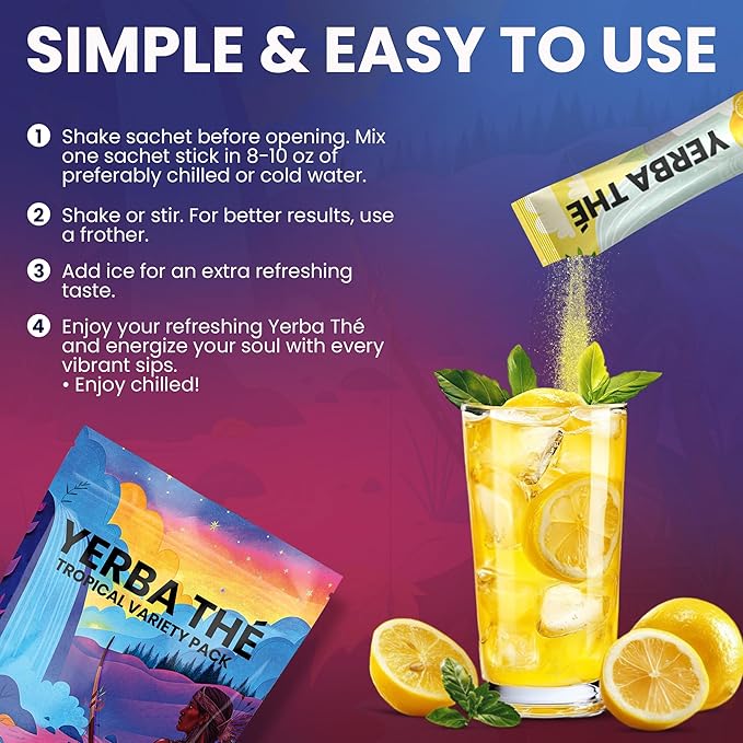 Yerba Mate Powder - Gut Health Support Drink - Probiotics & Prebiotics - Reduce Brain Fog, Relaxation & Focus - Natural Yerba Mate Clean Energy - Mixed Fruit Flavors - Sugar-Free - 30 Sachets