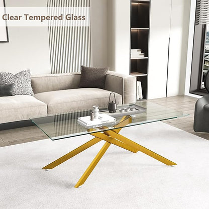 Gold Glass Coffee Table Set of 3 Modern End Table Living Room Side Table, Geometric Metal Legs 47.2 Inch Clear Rectangle Center Cocktail Tables, Gold