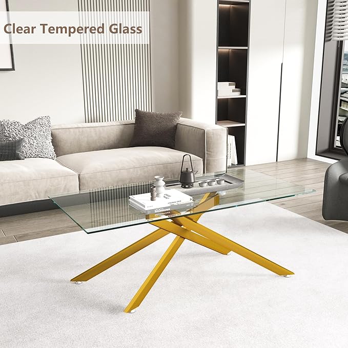 Gold Glass Coffee Table Set of 3 Modern End Table Living Room Side Table, Geometric Metal Legs 47.2 Inch Clear Rectangle Center Cocktail Tables, Gold