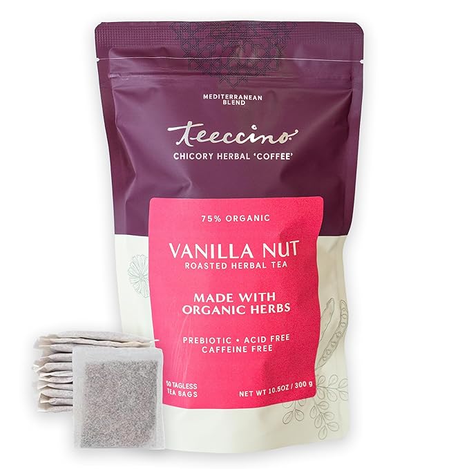 Teeccino Vanilla Nut Herbal Tea, 50 Tagless Eco-Friendly Tea Bags - Rich & Roasted Herbal Tea That’s Caffeine Free & Prebiotic for Natural Energy