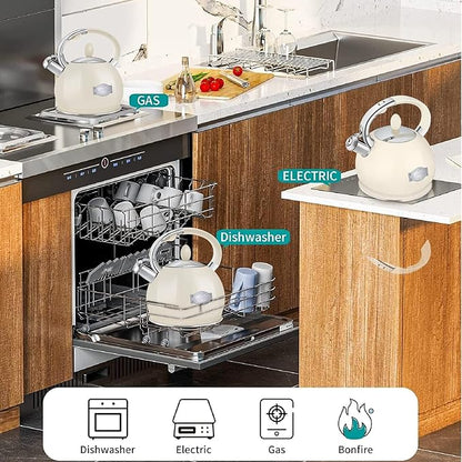 Tea Kettle for Stovetop Induction Whistling Tea Kettles 2.64 Quart Retro Food Grade Stainless Steel Teapots with Cool Touch Handle Cream